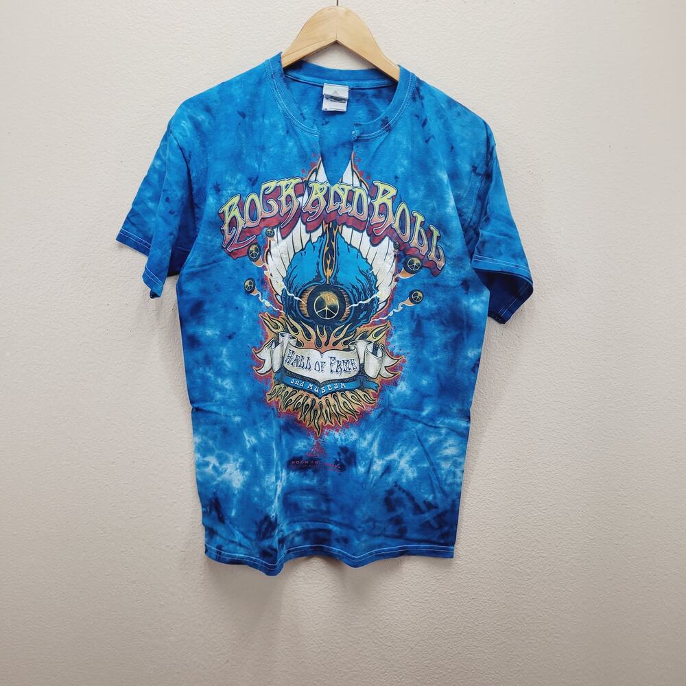 Rock Hall Fame T-Shirt M Tie Dye Graphic Tee Cut V-Neck Psych Rock Music Merch